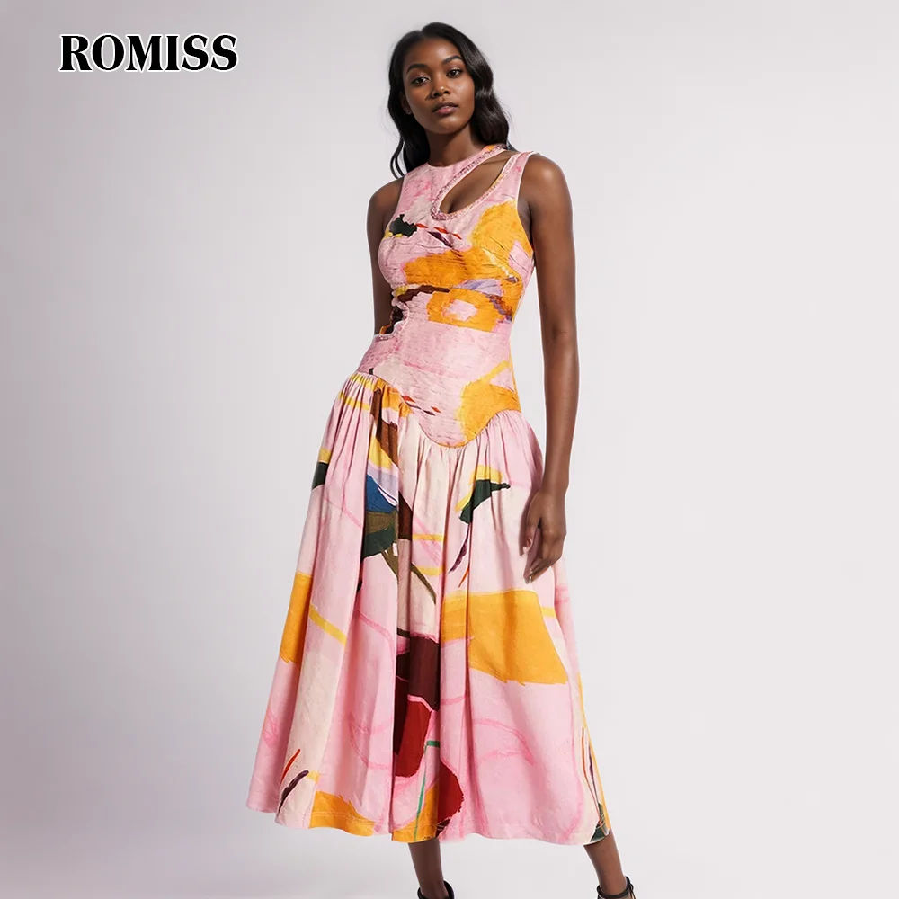 

ROMISS Printing Hollow Out Dresses For Women Round Neck Sleeveless High Waist Patchwork Diamonds Solid Dress Female 2024