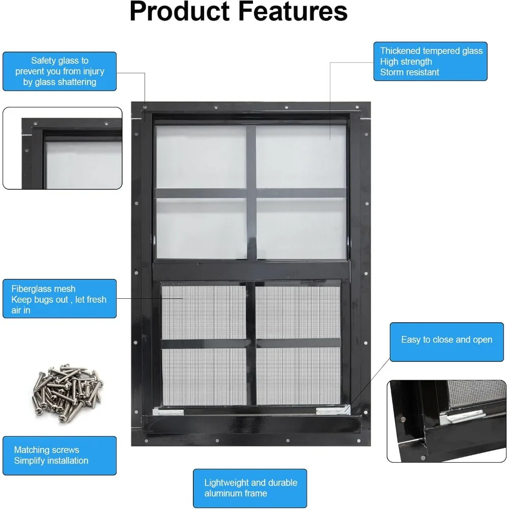 عبوتان من نافذة السقيفة بإطار أسود، نافذة صغيرة مثبتة على السطح مقاس 24 × 36 مع زجاج مقسى وشاشة من الألياف الزجاجية للسقيفة والفرخ #2