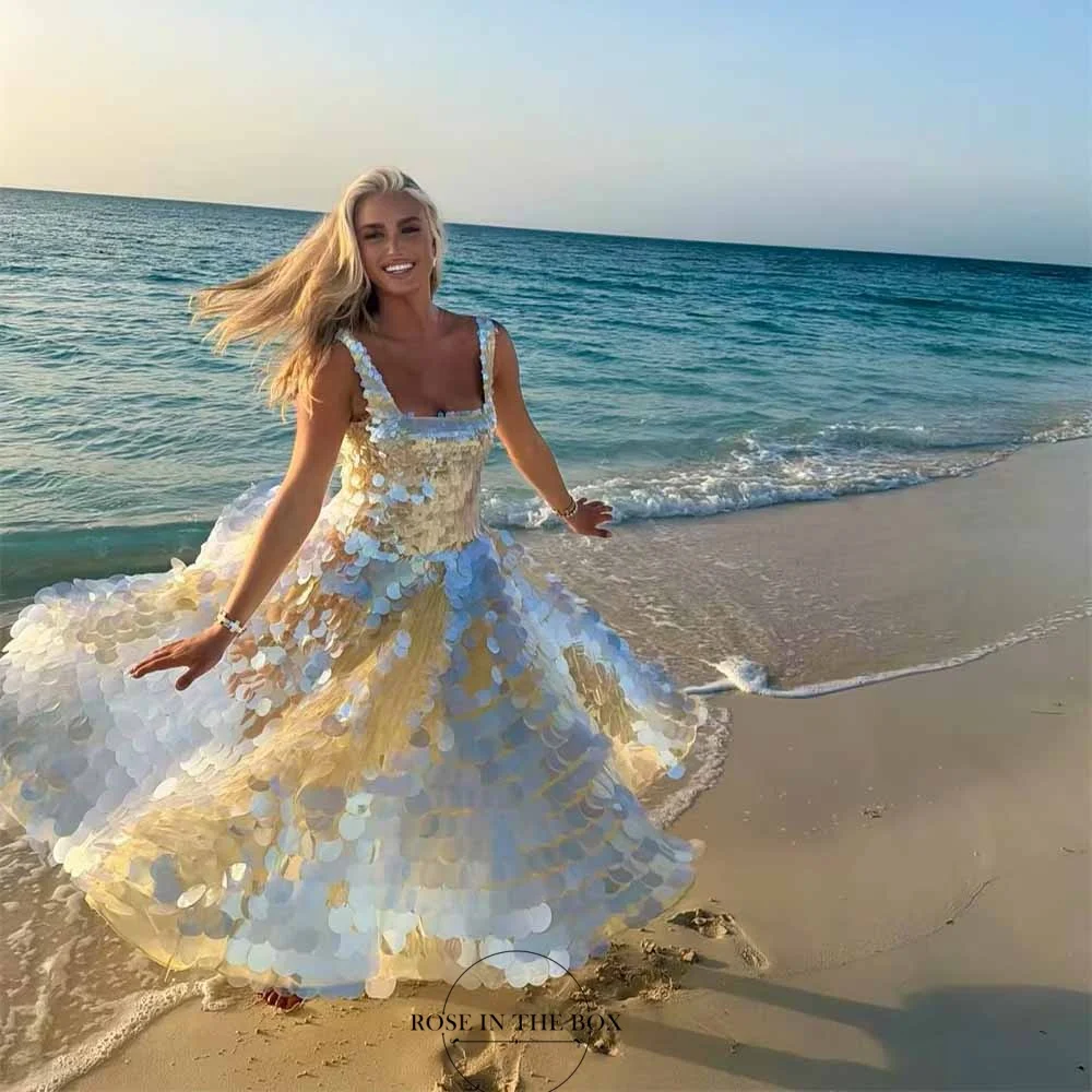 Sequined A-line Evening Dresses Square Neck Cute Beach Party Dress for Women Luxury Ankle Length Birthday Gowns Customized