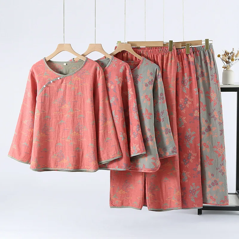Color Woven Retro Collarless Pearl Buckle Multi Colors Fashionable Printed Long Sleeve Women's Plus Size Home Pajamas Pants Suit
