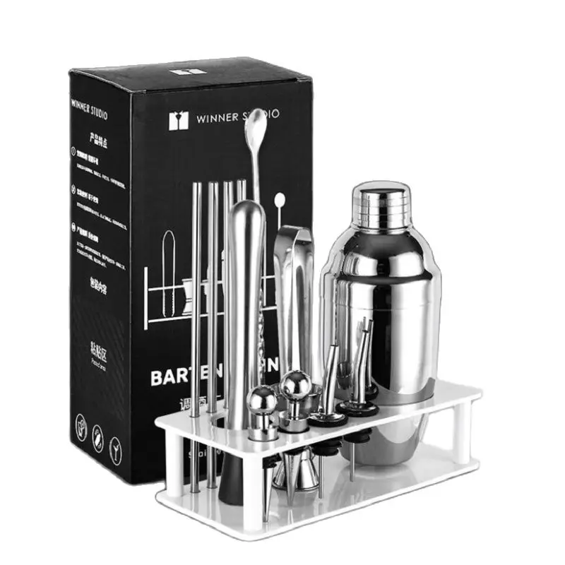 Stainless Steel Cocktail Shaker Set Bar ware Set Bartender Kit Plastic Rack Premium