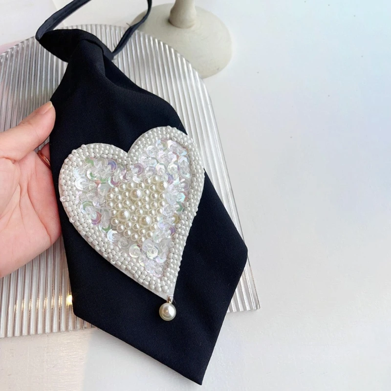 ZB Embroidery Heart Small Black Neck Tie with Sweet Sequins Pearl Beading Pretied Adjusted Necktie Bowtie for Women Uniform