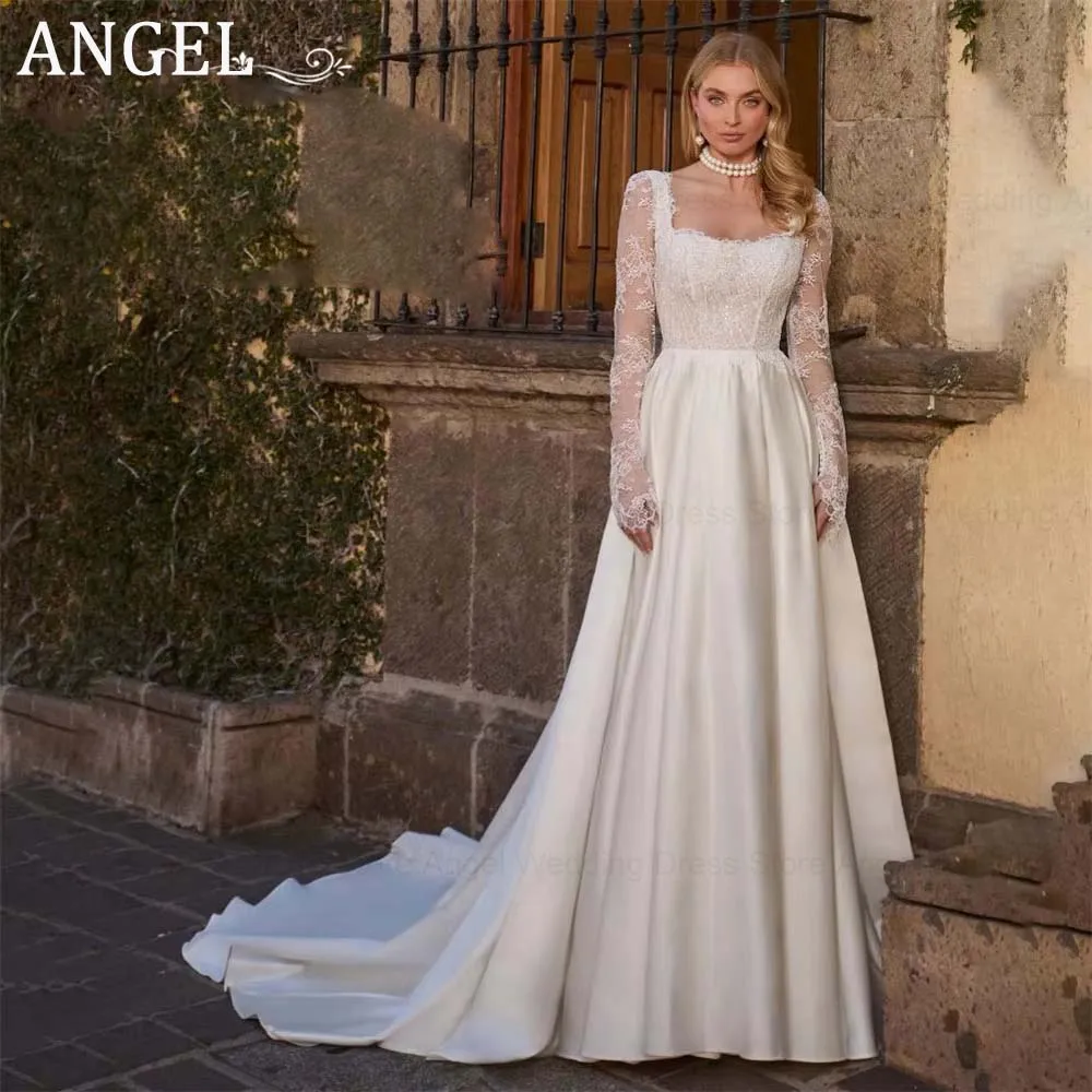 ENGEL Aangepaste Mode Satijnen Trouwjurk 2026 Kanten Bruidsjurk A-lijn Vierkante Kraag Lange Mouw Sweep Trein Lange Bruidsjurk