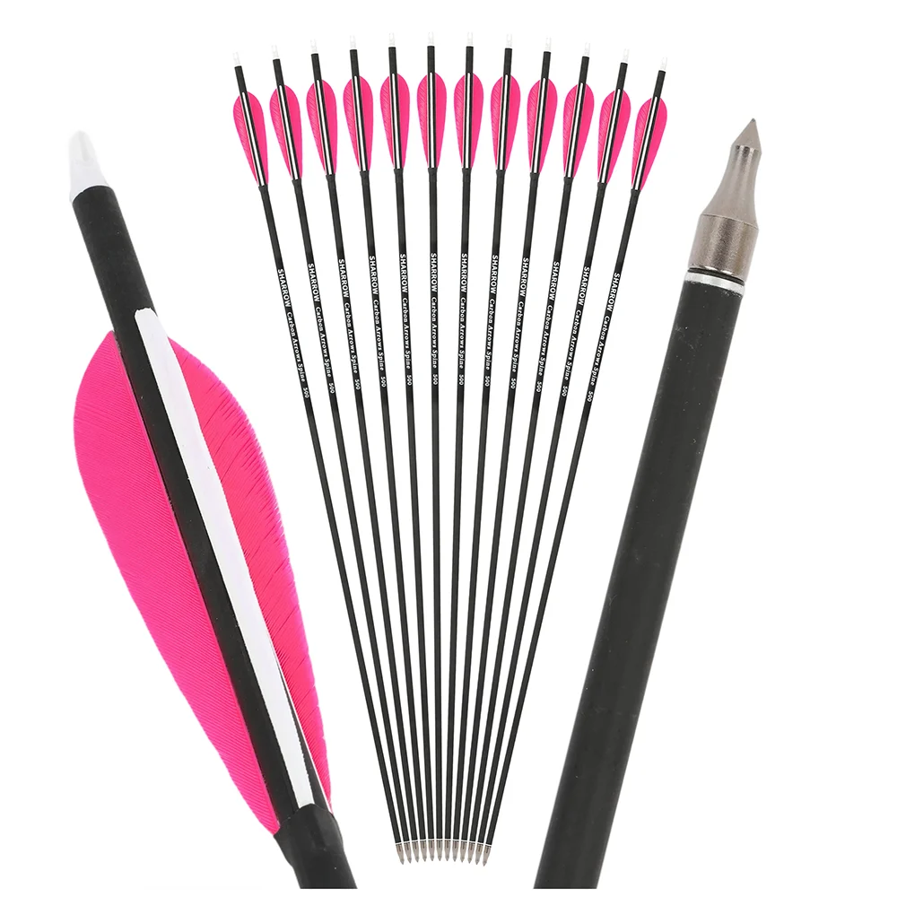 

6/12PCS 30inch Carbon Arrows Spine 500 4inch Natural Feathers ID 6.2mm 100 Grain Field Points for Archery Compound Recurve Bow