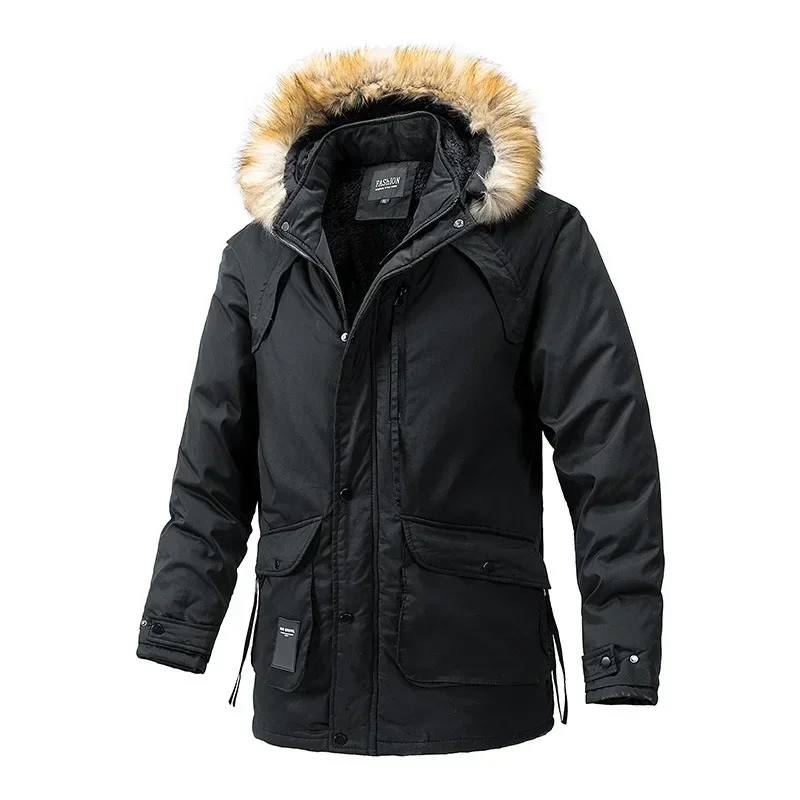 LIBIELIY Men's Winter Fashion Plus Fleece Stand Collar Hooded Cotton-padded Jacket,Medium And Long Multi-pocket Warm Cotton-pad