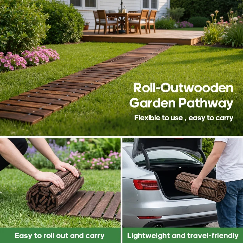 Wooden Garden Pathway, Roll-Out Decorative Curved Outdoor Walkway, Weather-Resistant & Non-Slip Patio Boardwalk Pathway Pavers
