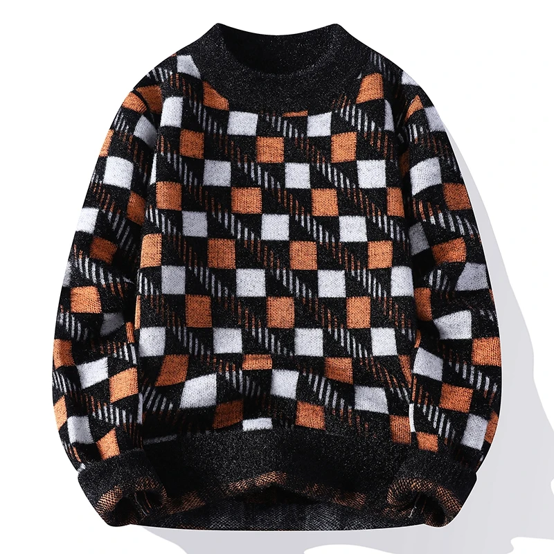 

Мужской вязаный свитер в стиле ретро с цветными блоками, осенне-зимний, теплый, повседневный, с круглым вырезом, модный, для ношения под одеждой, трикотаж