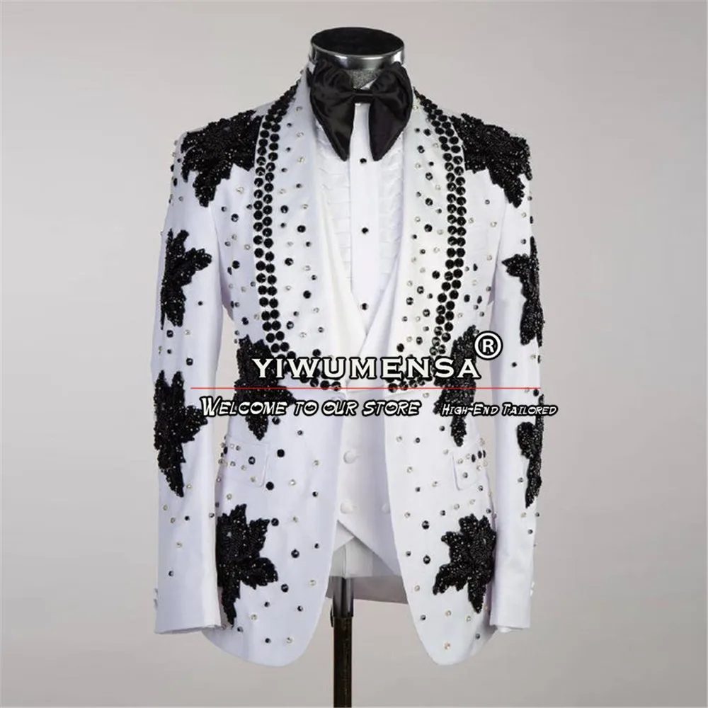 

Man Jewelry Ornament Tuxedo Tailore Made Black Stone Beaded White Wedding Suits For Men 3 Pieces Prom Blazer Sets Costume Homme