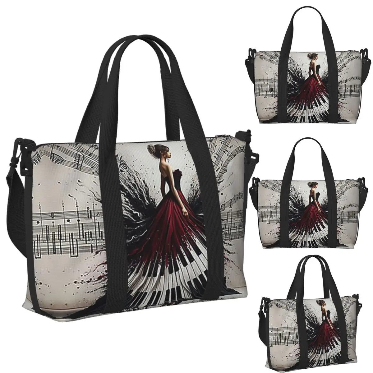 

Пользовательские красивые леди фортепиано музыкальные ноты, волнистое платье, пляжная дорожная сумка, сумки-тоут для тренажерного зала, йоги, женская дорожная сумка для покупок