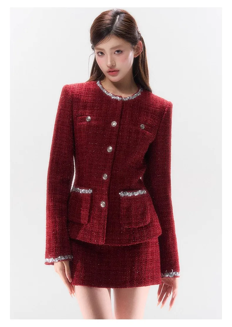 Silver Woven Wine Red Women's Tight Waist Suit Jacket Autumn and Winter Elegant Slim-fit Coat Top Low Waist Skirt Two-piece Set