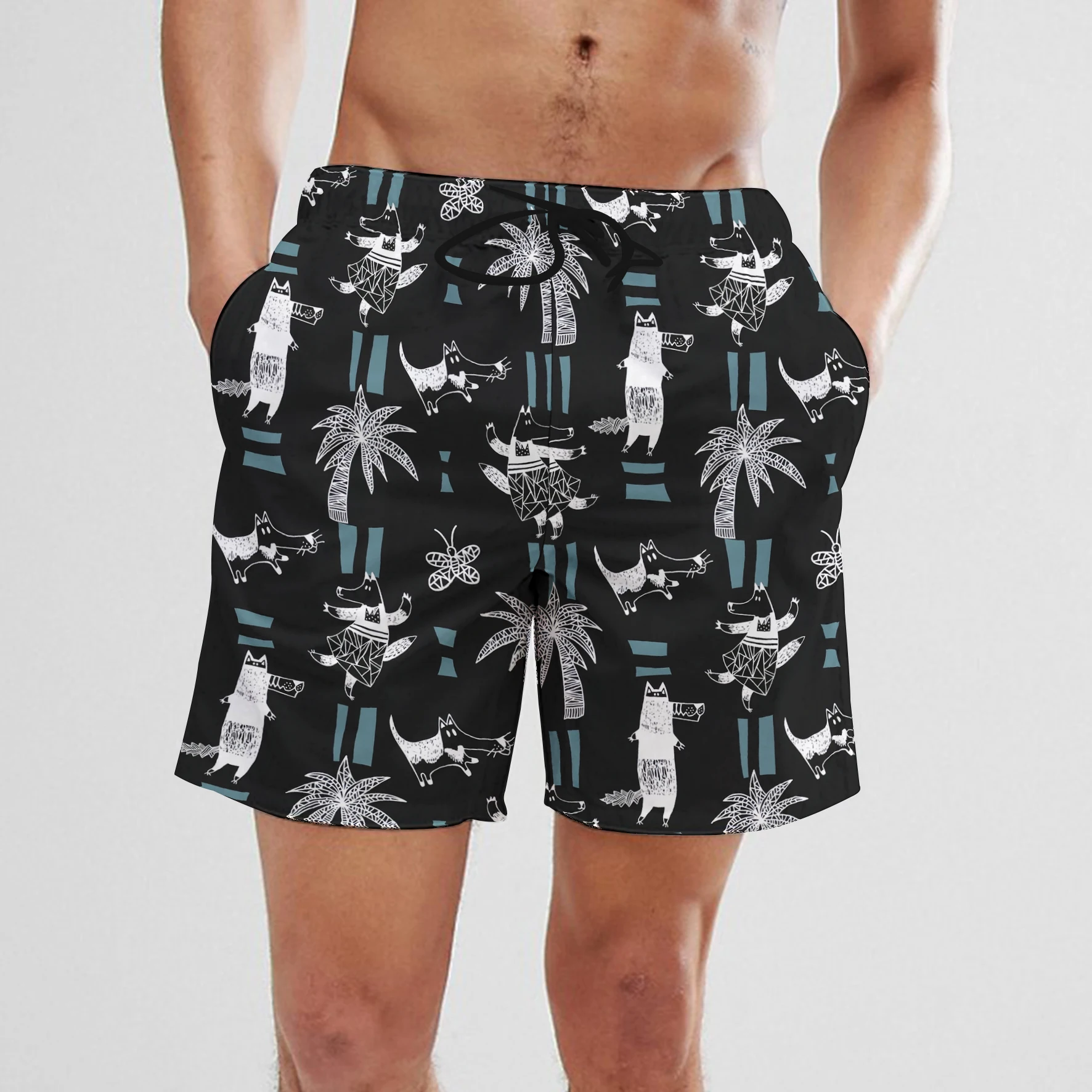 SummerFashion Cartoon Coconut Tree Car Digital Printing Men\'s Drawstring Shorts Quick Drying Hawaiian Beach Fitness Casual Short