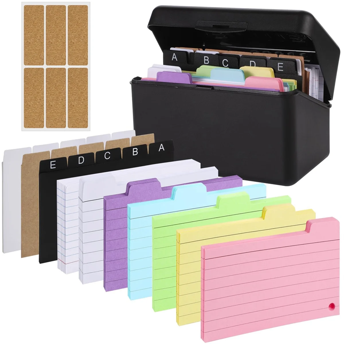 

New Index Card Holder Set,Index Box with 230 Assorted Flashcards, Colourful Lined, 6 Rings and Stickers Perfect for School