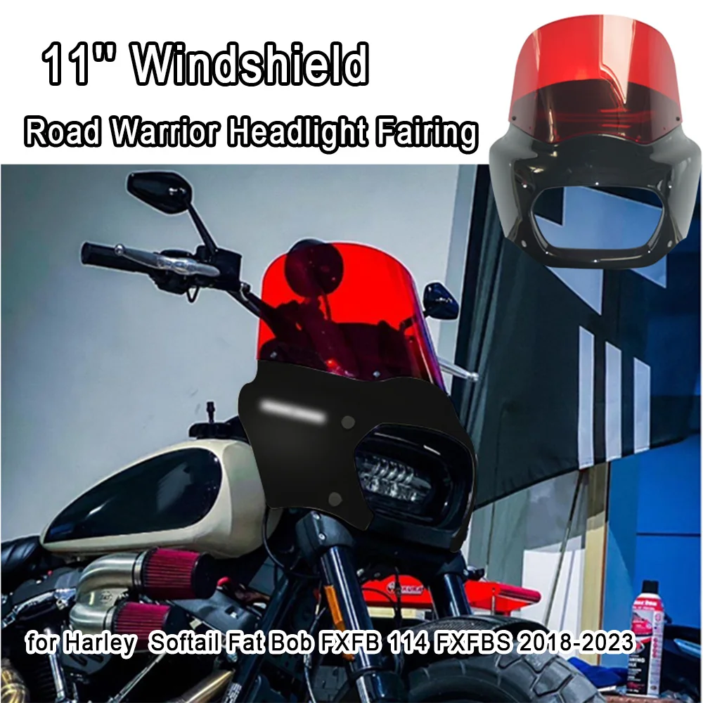 

Motorcycle Road Warrior 11'' Headlight Fairing with Windshield 62mm Clamps for Harley Softail Fat Bob FXFB 114 FXFBS 2018-2023