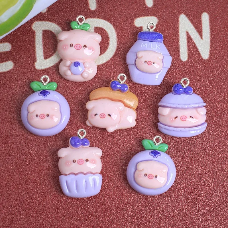 10Pcs Cartoon Blueberry Pig Resin Charms For Jewelry Making DIY Craft Supplies Decor Kawaii Keychain Accessories Jewelry Pendant