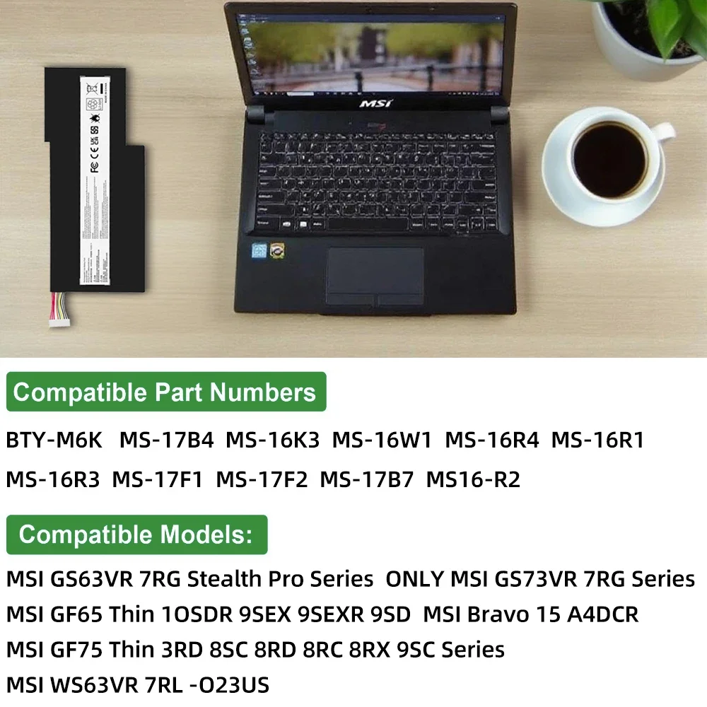 SKOWER BTY-M6K Battery for MSI MS-16R1/R3 GF63 8RC 8RD 9SC 9SCXR GF65 THIN 10SDR GF75 GS63VR GS73VR 7RG Stealth Pro WP65 MS-17F4