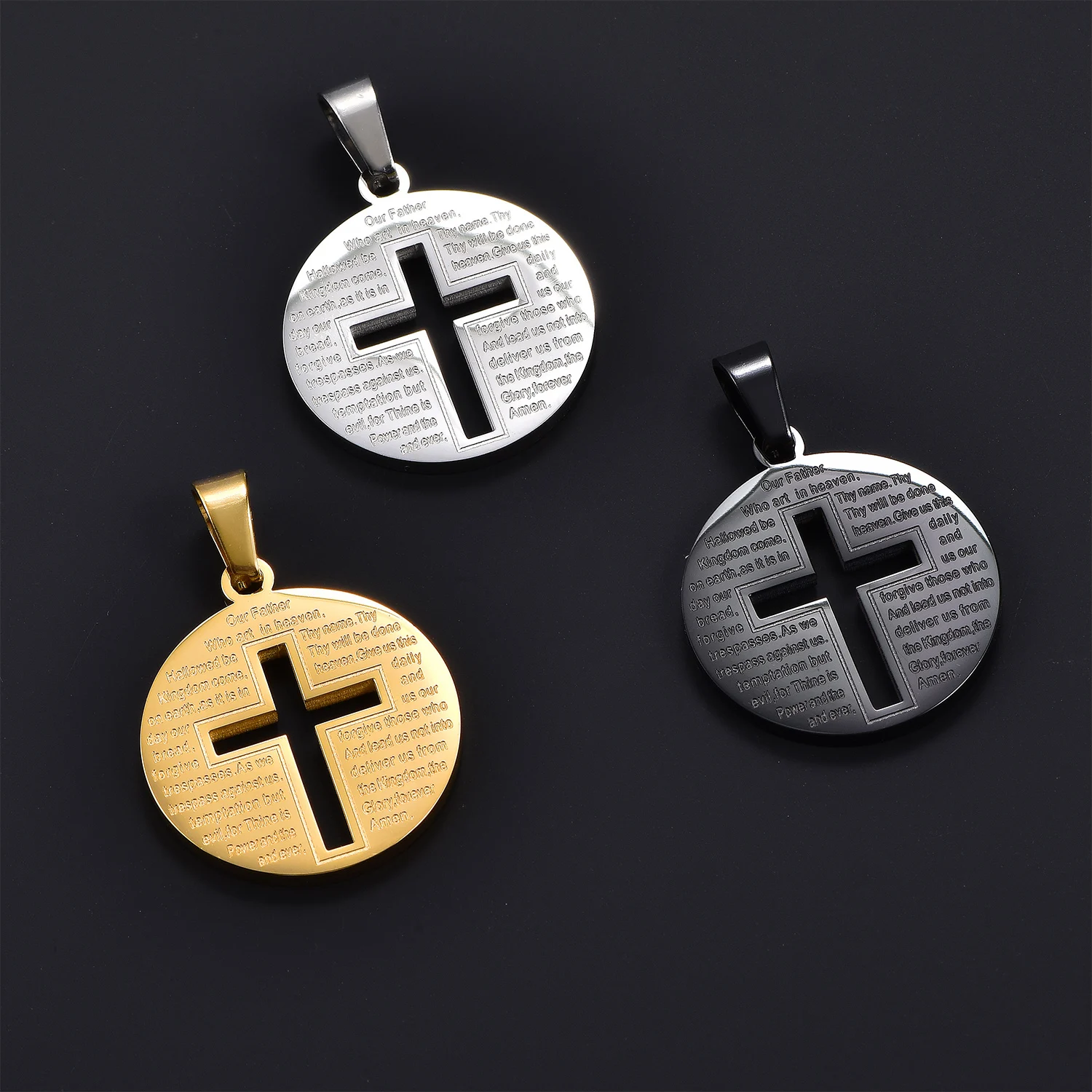 Runde Münzanhänger aus Edelstahl, Hohlkreuz-Halskette, Anhänger, christliche Bibel, Vaterunser-Kette, religiöser Schmuck – Detail 3