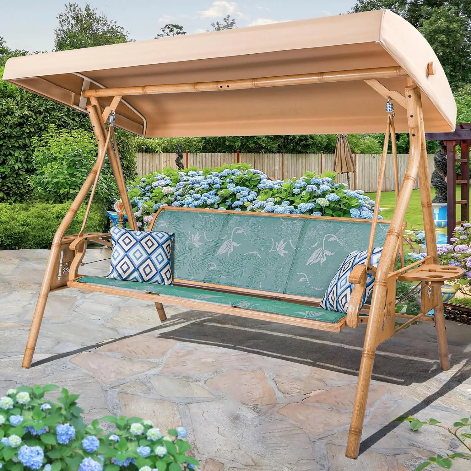 ty-3 Person Patio Swing Adjustable Canopy Cup Holders Textilene Fabric Porch Chair Stand 800 LBS, Custom-