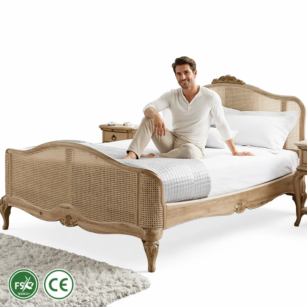^French Provincial Cane Bed Set Rattan Panel Bedroom Furniture with Nightstands Distressed Wood Finish