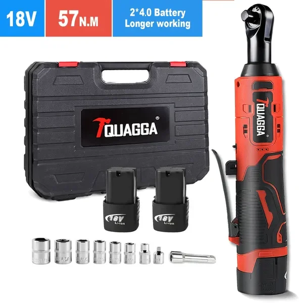 

1 Set TQUAGGA 18V Cordless Electric Wrench, 57NM High Torque 3/8'' Ratchet Wrench, Right Angle Power Tool for Car Repair