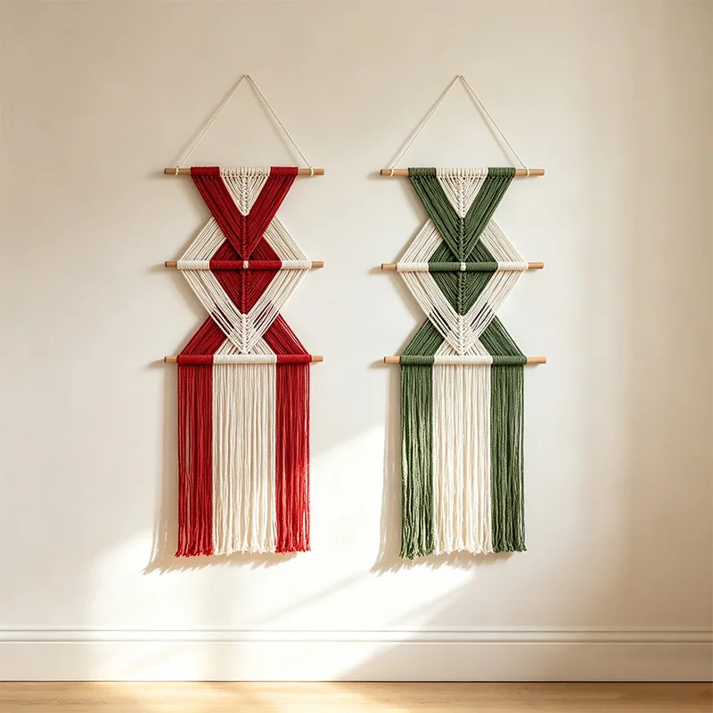 Wall Hanging Hand‑Woven Cotton Rope Tapestry Wooden Stick Geometric Tassel Wall Art Decor for Living Room Bedroom Holiday gifts.
