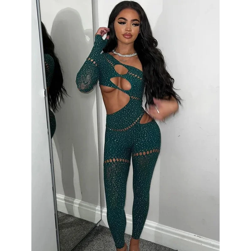 

Sifreyr Hollow Out Sexy Jumpsuits Women Long Sleeve Off Shoulder Body-Shaping 1Piece Rompers Hot Drill See Through Party Wear