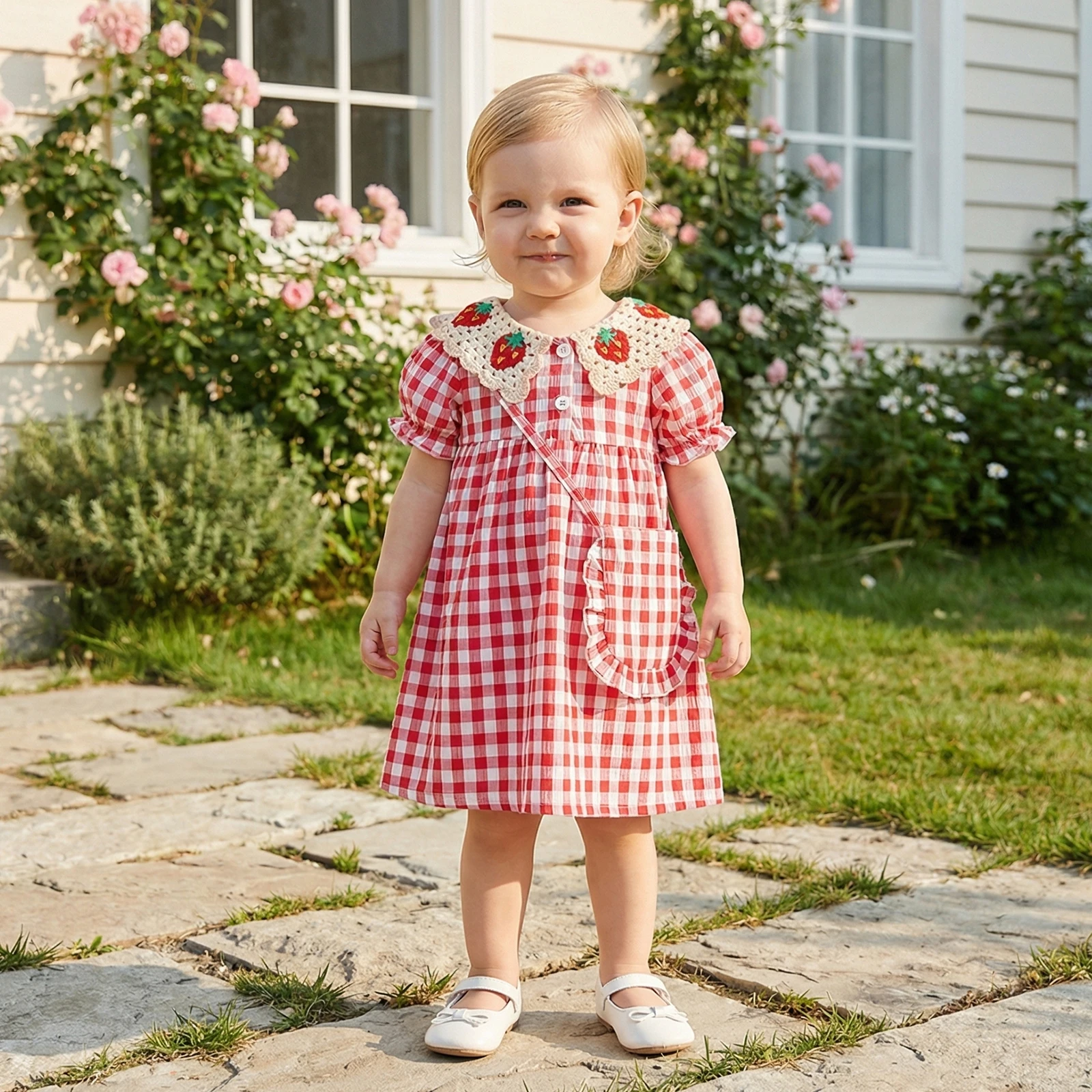 0-4Y Summer Kids Girls Lolita Dress Sets Strawberry Doll Collar Short Sleeve Plaid Casual Dress with Shoulder Bags