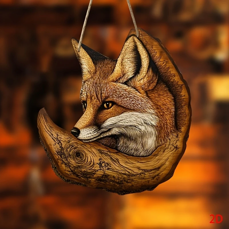 2D 10in Colorful Fox Wooden Wall Hanging - Flat-Printed Home Porch Decor Rural Farmhouse Design Artwork for Living Room Bedroom