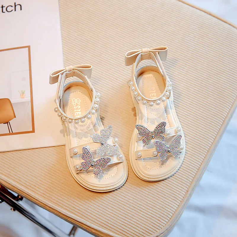Girl Sandal 2025 New Summer Pearl Ankle Strap Children Shoes Rhinestone Butterfly Open Toe Princess Sandals Girls Shoes CSH1626