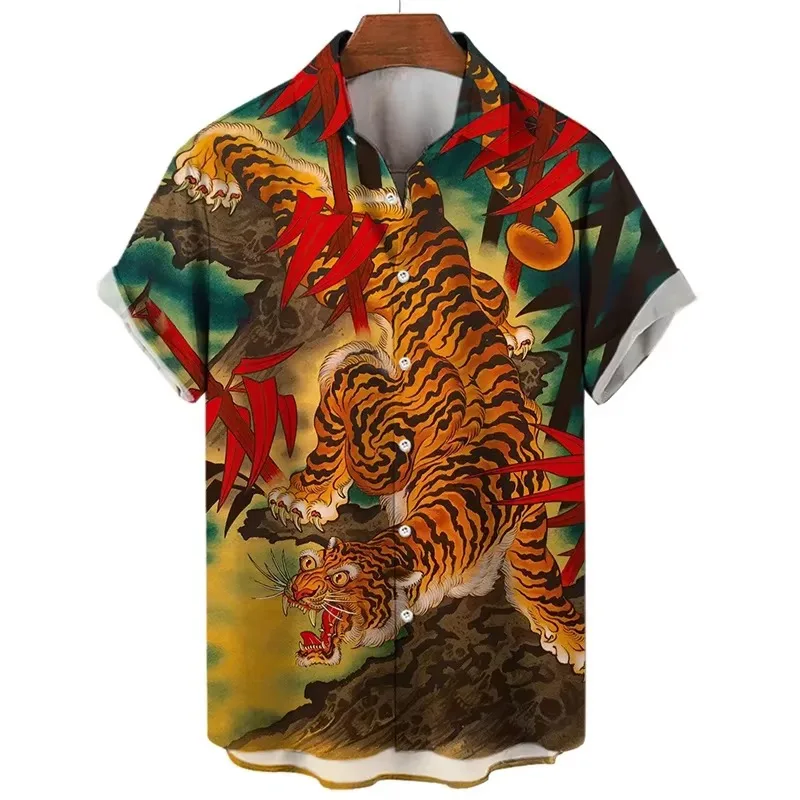 New Chinese Style Traditional Thangka Tiger Statue Printed Short Sleeved Shirt for Men's Summer Loose Collared Couple Shirt