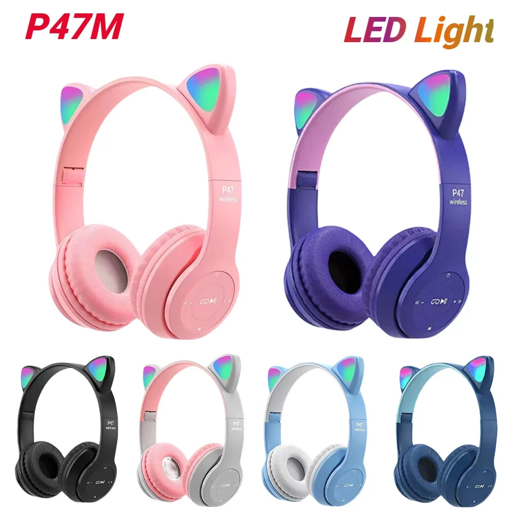 P47M مصباح ليد لطيف القط الأذن سماعات لاسلكية بلوتوث متوافق 5.0 سماعة الألعاب Hifi سماعات رياضية للهاتف الكمبيوتر
