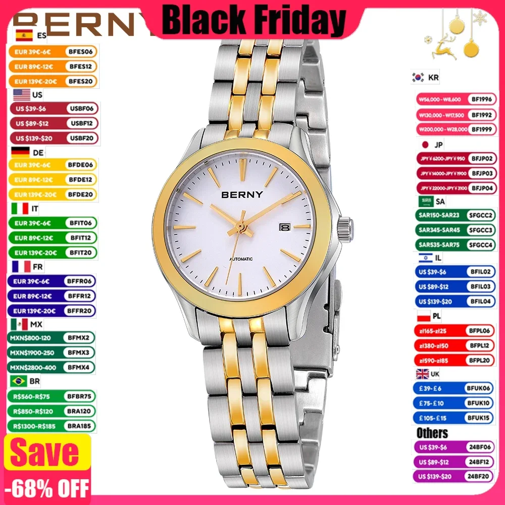 BERNY Women Automatic Mechanical Watch Calendar Simple Dial Sapphire Waterproof 3Bar Wristwatches жаночыя гадзіны BERNY NH05