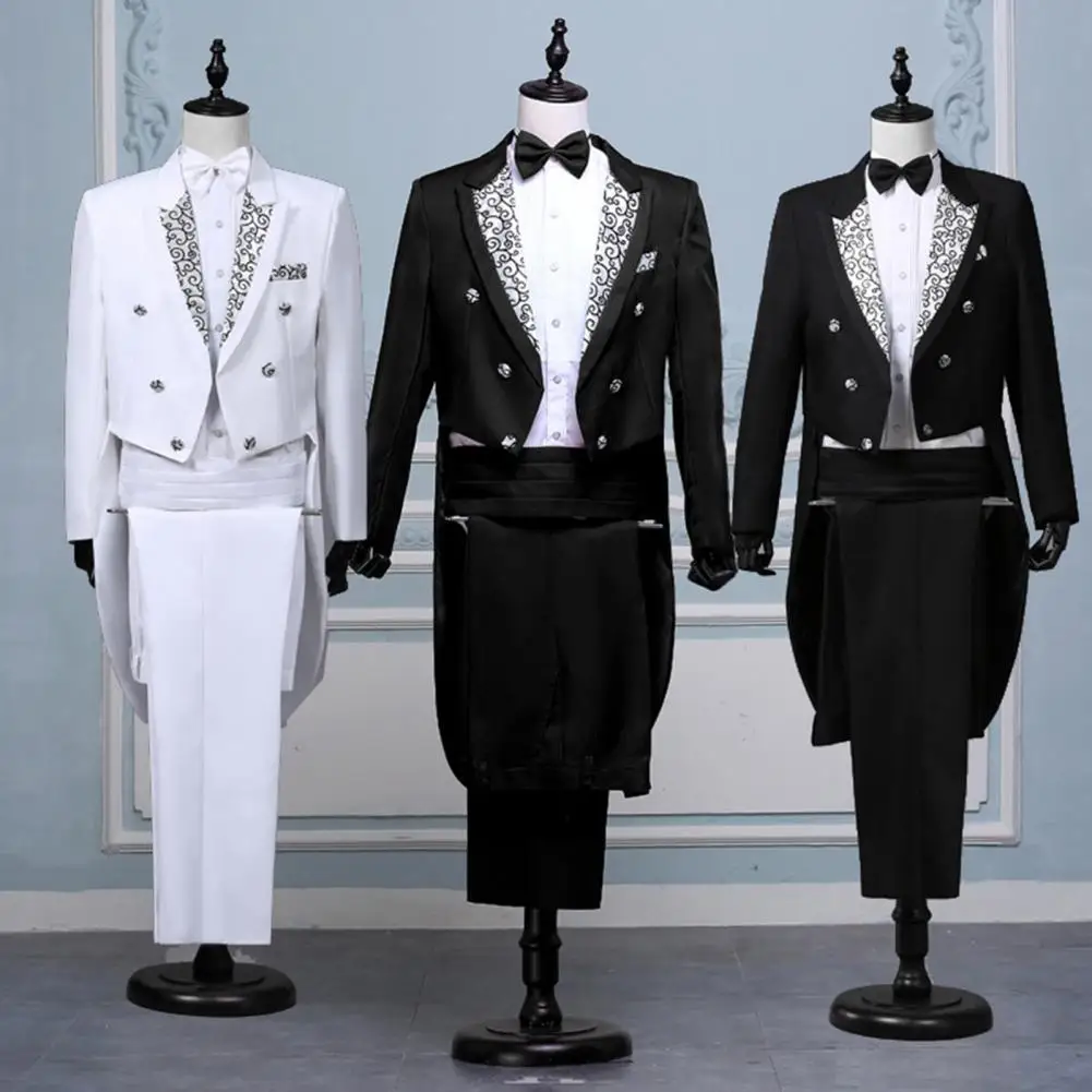 Men White Black Red Jacquard Lapel Tail Coat Stage Singer Costume Homme Wedding Groom Prom Tuxedo Suits Men Suit (Jacket+Pants)