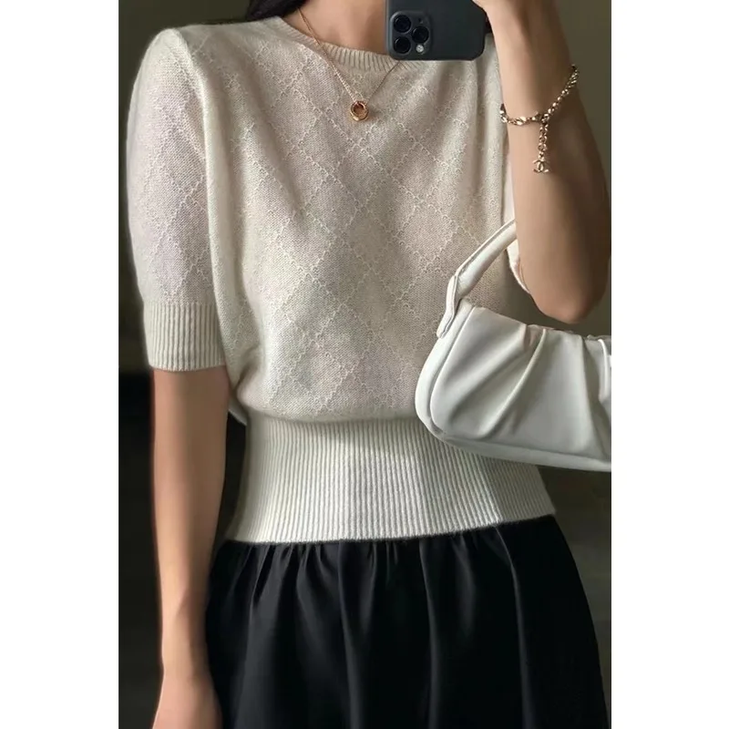 Temperament  wind round neck hollow short cashmere knit short sleeve women spring and summer new loose thin wool half sleeve