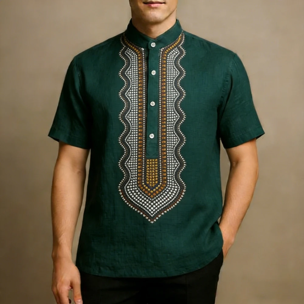 

Men's Short-sleeved Linen Stand-collar Shirt African Tribal Ethnic Totem Pattern 3D Printed Shirt Hawaiian Outdoor Mens Clothing