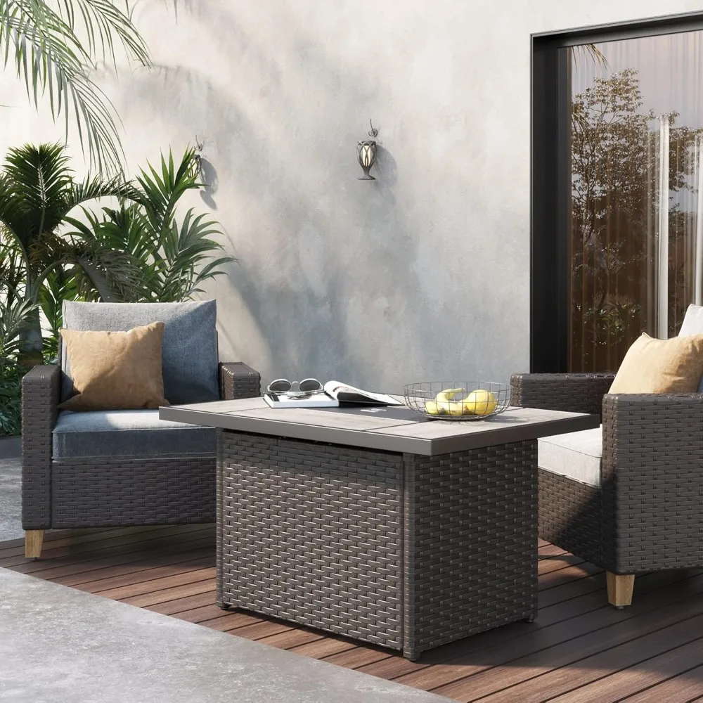 طاولة حفرة نار البروبان الخارجية مع غطاء/غطاء للفناء، 43 بوصة 60,000 وحدة حرارية بريطانية، خوص/مستطيل