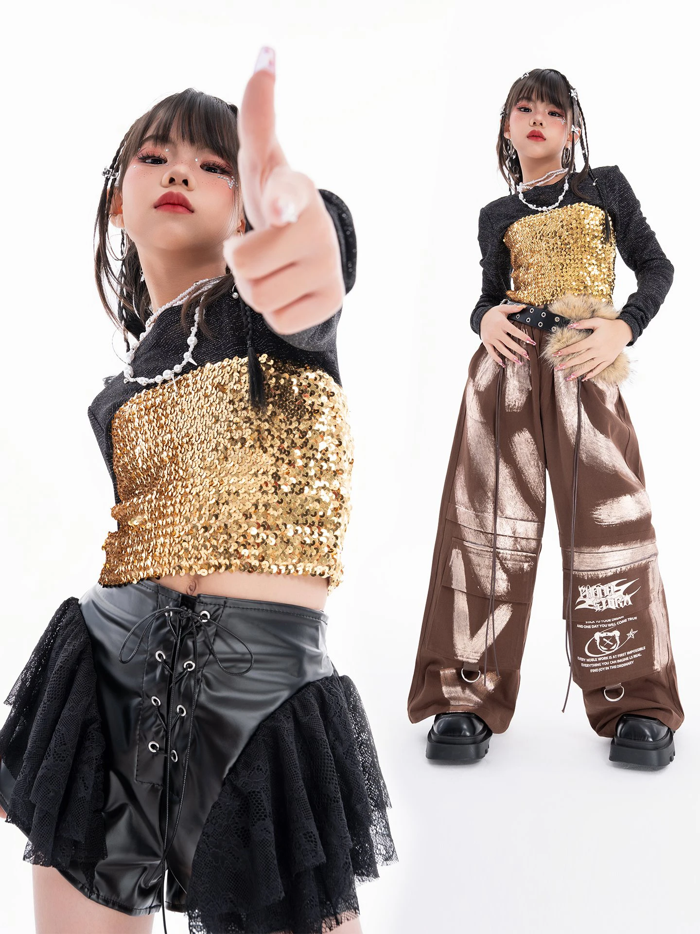 2025 Girls Fashion Jazz Costumes Golden Sequin Vest Lace Shorts Brown Pants Hip Hop Kpop Performance Outfits Stage Wear BL17518