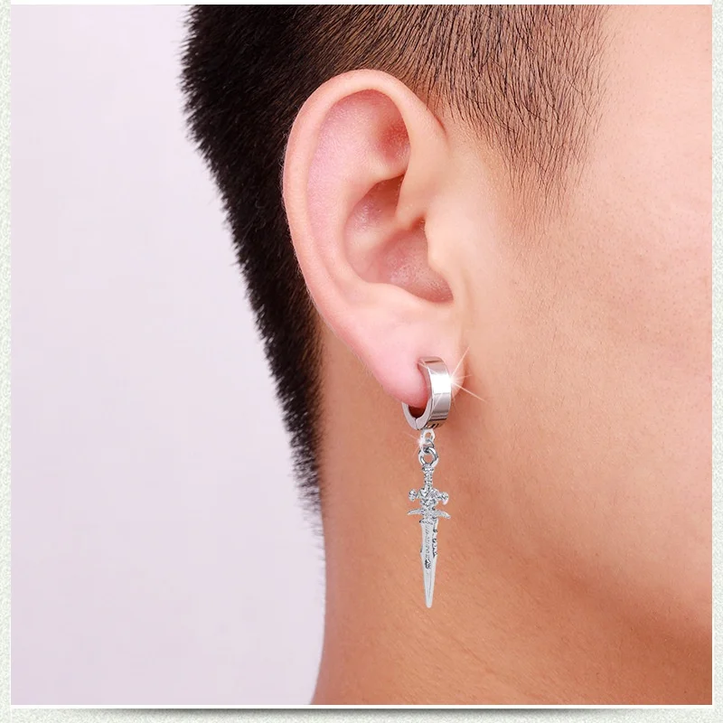 1 Pair Men Vintage Arrow Personality Stainless Steel Stud Earring Cross Sword Round Earrings for Gift Fashion Accessories