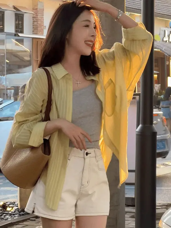 

Sun Protection Lyocell Cotton Linen Shirt Women's Open Cardigan with Suspenders Skirt Summer Thin Loose Shirt Jacket Top