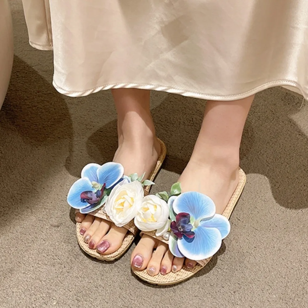 

Holiday Soft Flower Linen Slippers Non-Slip Flat Moth Orchid Sandals Shoes Pearl Butterfly Orchid Slippers Vacation Beach