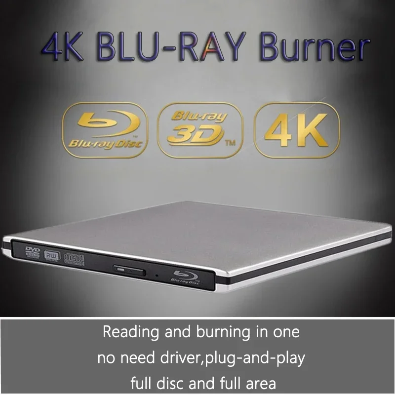 Ultra Slim Portable External Blu-ray Drive 4K 3D USB 3.0 Blu-ray Burner Reader Writer CD DVD RW Optical Drive for Laptop