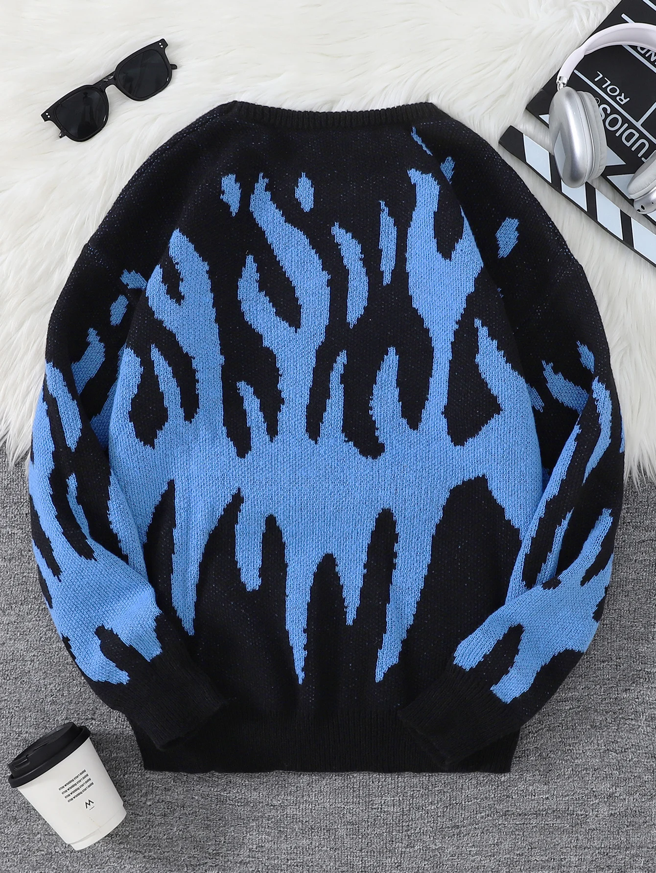 New Popular Fire Pattern Pullover Ripped Sweater Casual Round Neck Knitted Men's Gift Pullover
