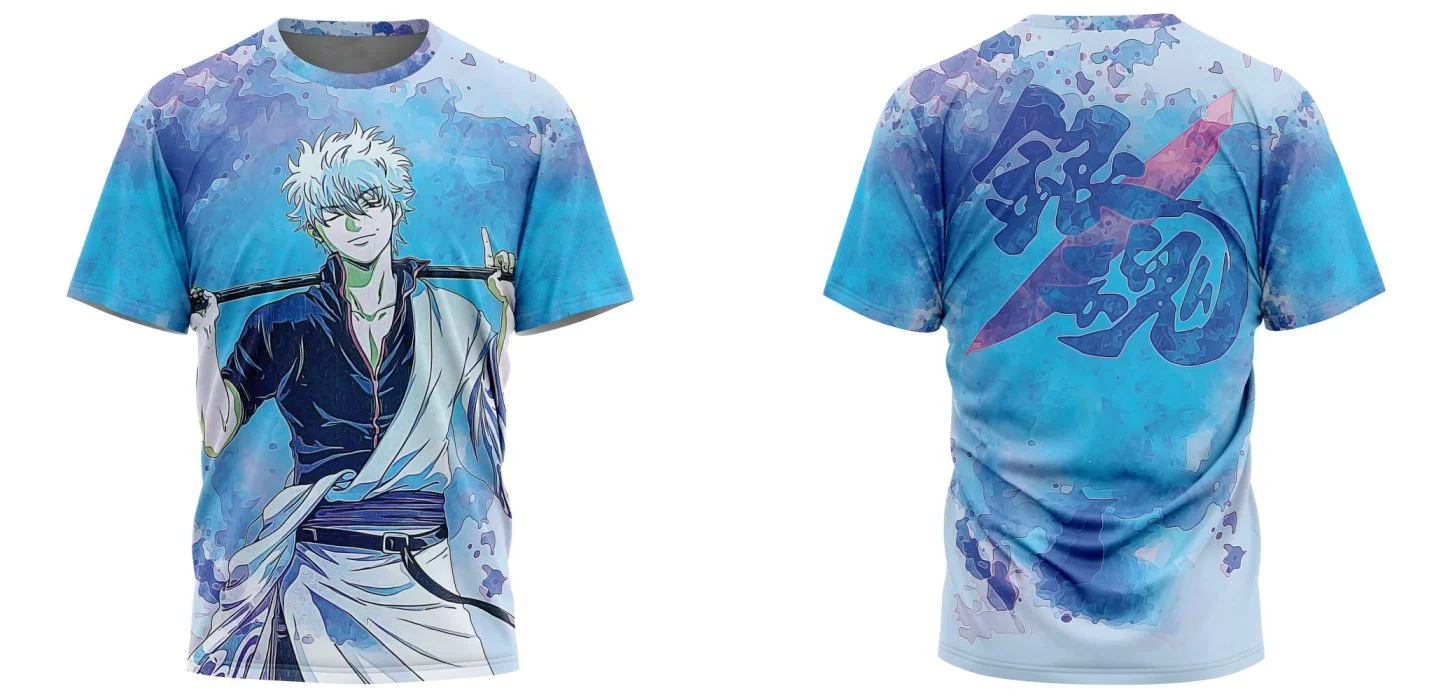 Full Print Anime Warrior T-shirt Unisex Double-Sided White Hair Swordsman Watercolor Blue Graphic Casual Street Short Sleeve Tee