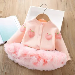 New Baby Korean version cute cardigan knit top+fluffy dress, stylish and sweet outdoor clothing for 0-6 year old girls set