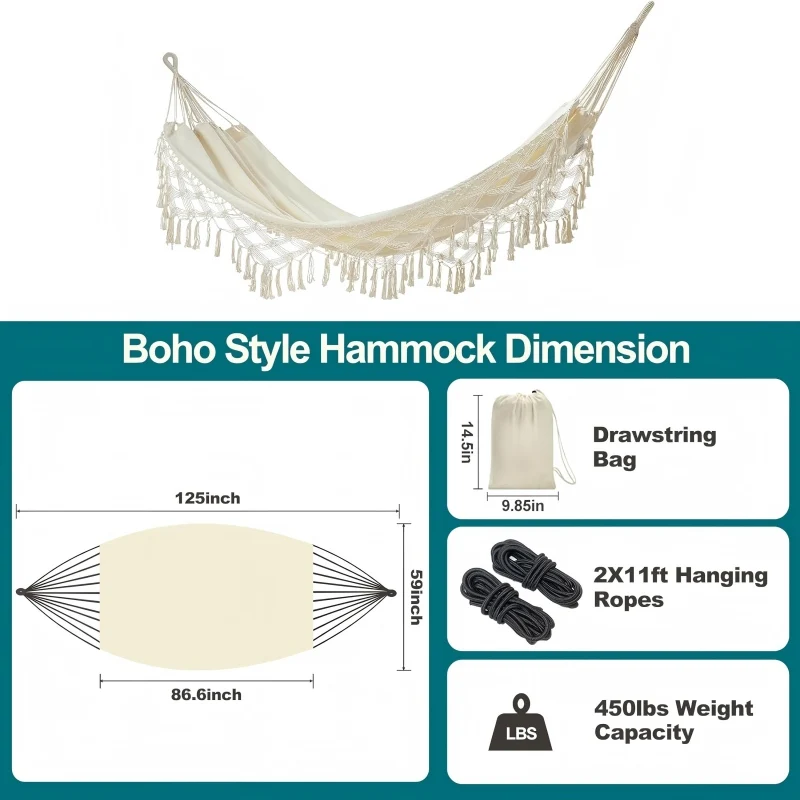 Double Hammock Portable Cotton Hammock for Patio Backyard Porch for Outdoor/Indoor Hammock Handmade Tassels