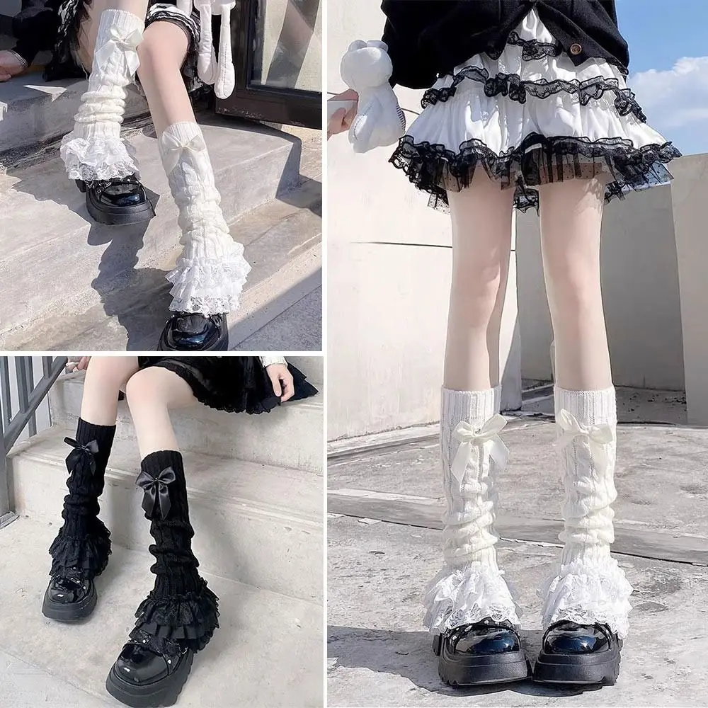 Ruffled Design Knitted Leg Warmer Warm Knitted Fabric Bow Tiered Bow Tiered Socks Lace Trim T-shaped Lace Socks Winter Season