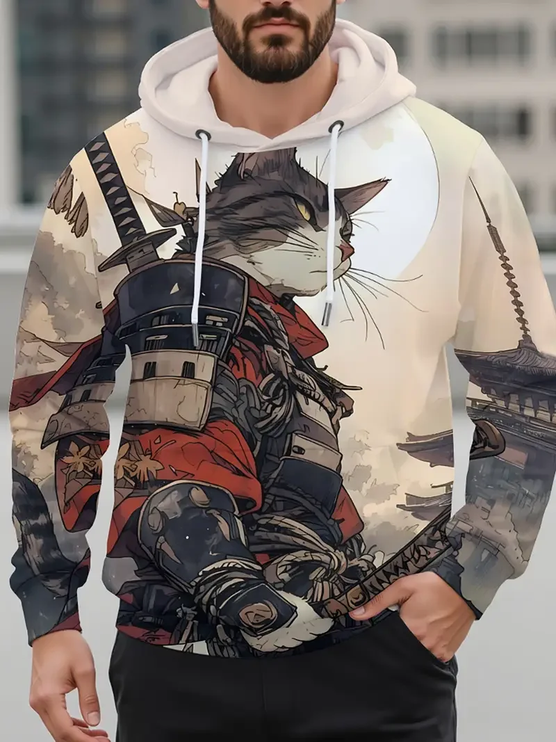 

2025 мужские толстовки с рисунком Эдо, кота, самурая, воина, японского искусства, толстовка с 3D принтом, повседневная уличная одежда, пуловер, модный спортивный костюм