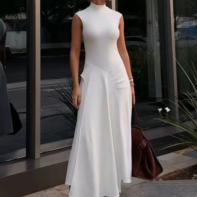 エレガントなハーフハイネックノースリーブロングドレスファッションドレープソリッドカラー気質ドレス女性カジュアルスリムスイングパーティードレス