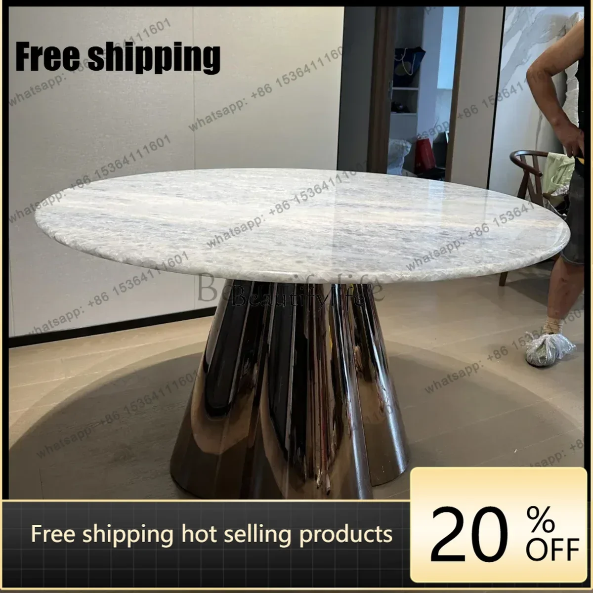 Factory CustomizationLJYNatural blue crystal luxury stone with turntable round dining table modern and simple