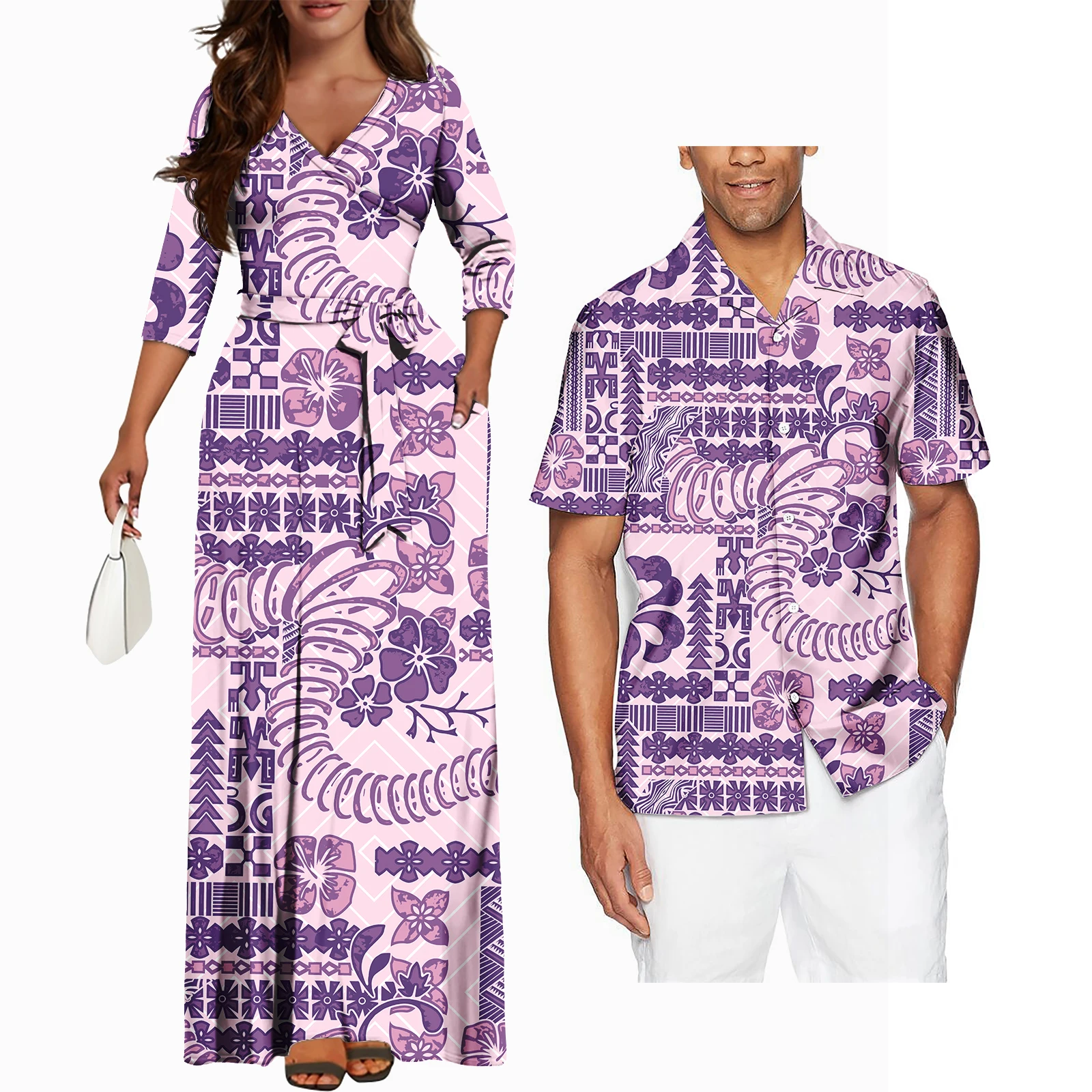 Polynesische Tribale Plumeria Paar Bijpassende Outfits Zomer Paar Outfit Set Casual Vrouwen Jurken Bijpassende Mannen Shirt