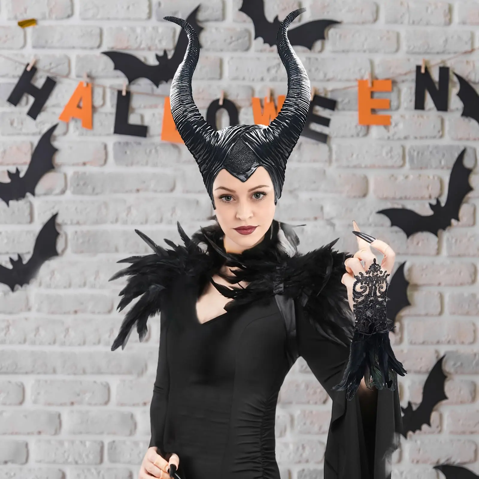 Costume de corbeau d'halloween pour femmes, 3 pièces, avec cornes, manches cape en plumes noires, accessoires de tenues pour adultes, accessoires de Cosplay